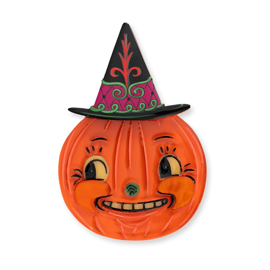 A vintage-style orange jack-o'-lantern Halloween wall decoration with a smiling face and a black witch hat featuring pink, green, and red decorative patterns, shown on a plain white background.