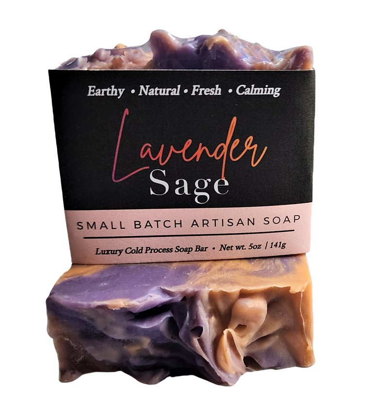 Lavender Sage small batch artisan soap bar with a black paper label, shown on a white background. The soap has a marbled purple and warm tan coloration.
