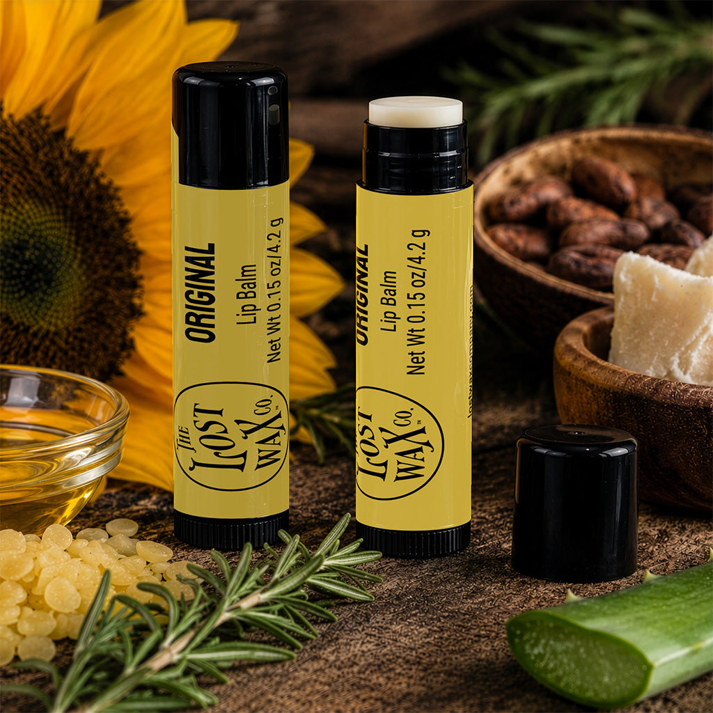 Two tubes of Lost Wax Co. Herbal Mint Lip Balm are displayed on a rustic wooden surface with natural ingredients including rosemary, aloe vera, cocoa beans, and a sunflower in the background.