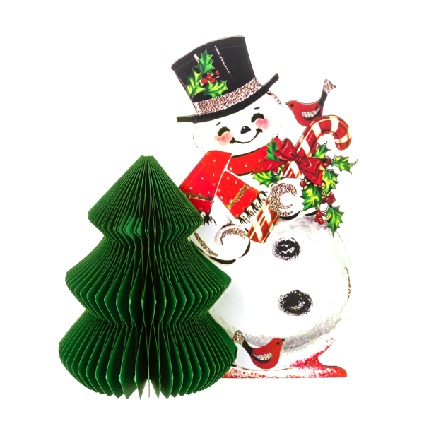 Vintage-style Snowman Cutout with Tree