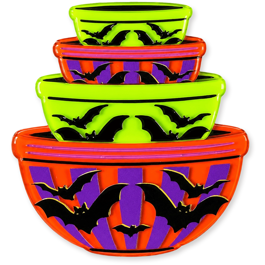 Three nested Halloween-themed bowls with a neon lime green, orange, purple, and black bat pattern, shown on a solid white background.
