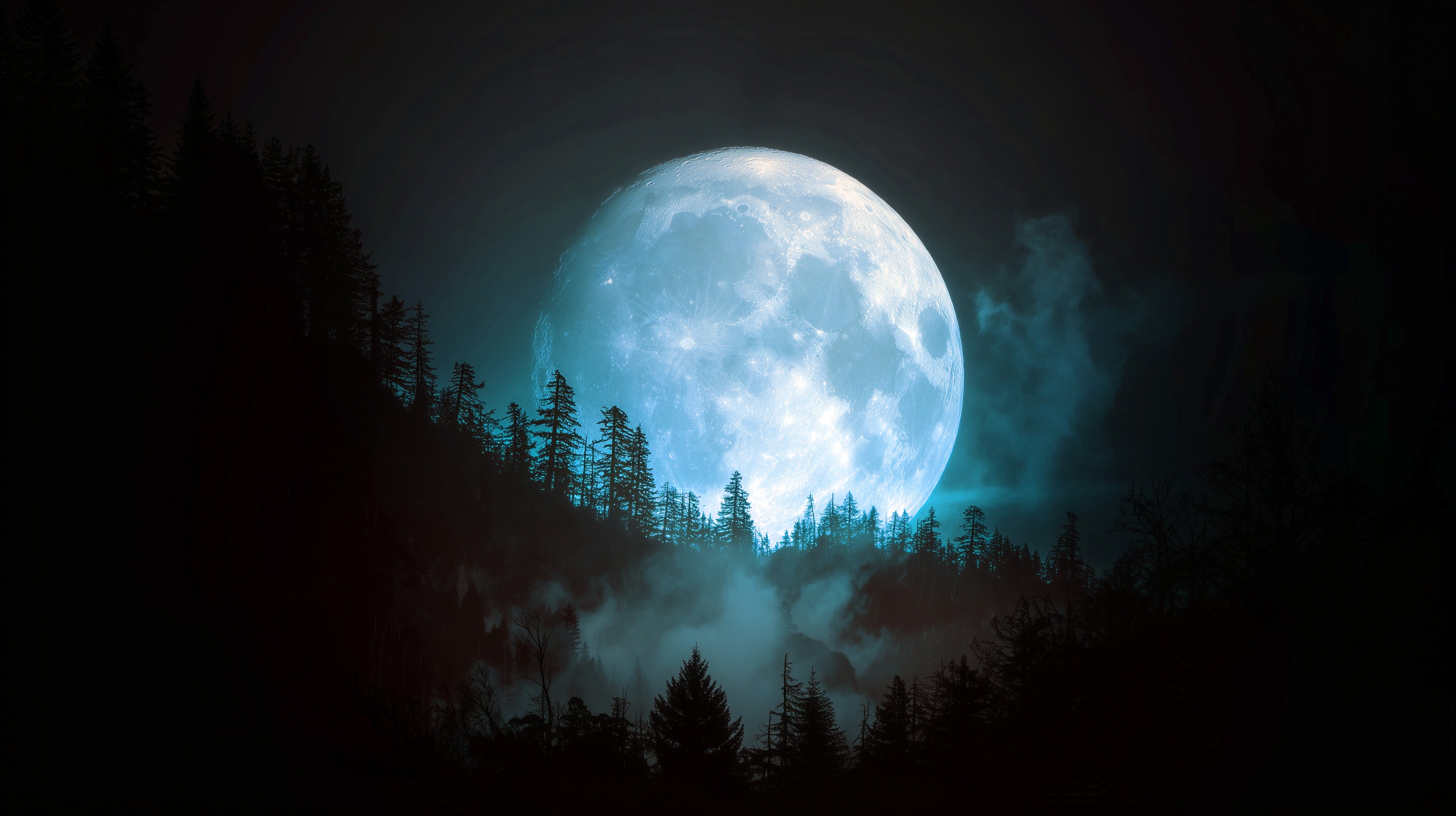 Full moon rising over a forest silhouette