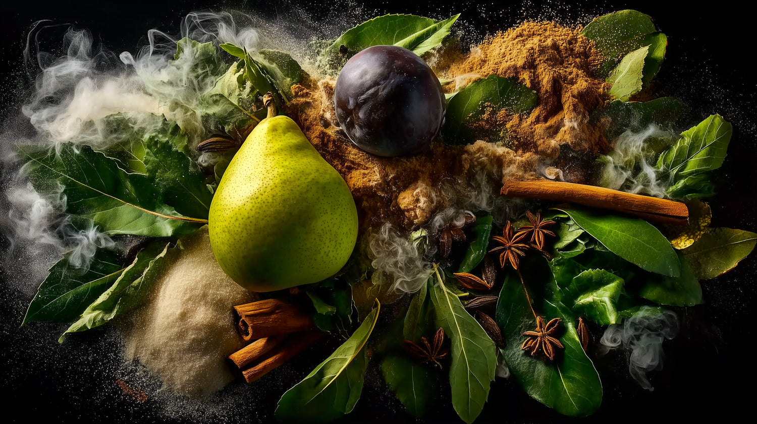 Spices, herbs, and a pear on a dark background with smoke effects