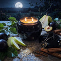 A lit black glass candle jar sits on a rustic wooden table surrounded by fruit slices, cinnamon sticks, sugar, and a dark decorative bottle, with a moonlit outdoor background.