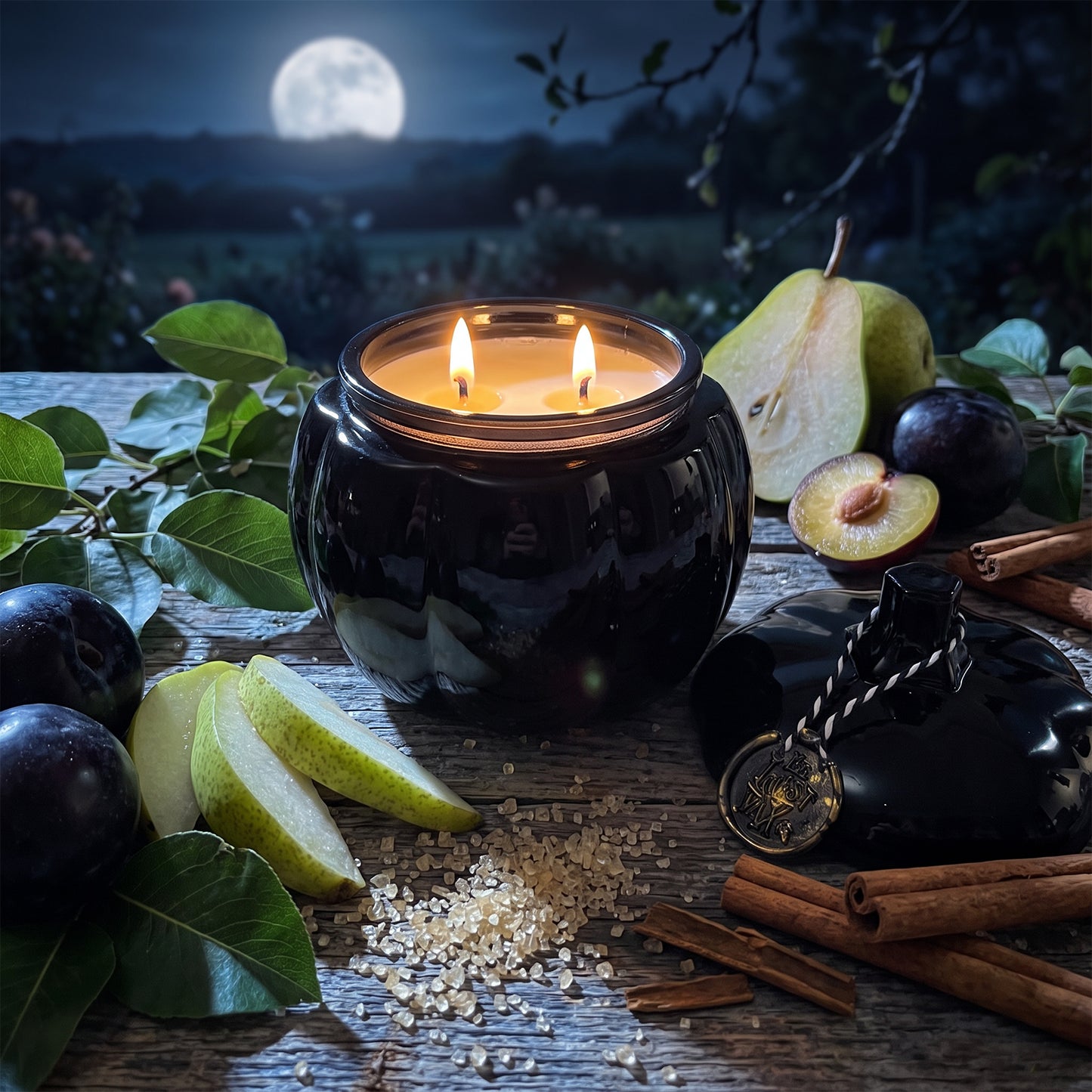 A lit black glass candle jar sits on a rustic wooden table surrounded by fruit slices, cinnamon sticks, sugar, and a dark decorative bottle, with a moonlit outdoor background.
