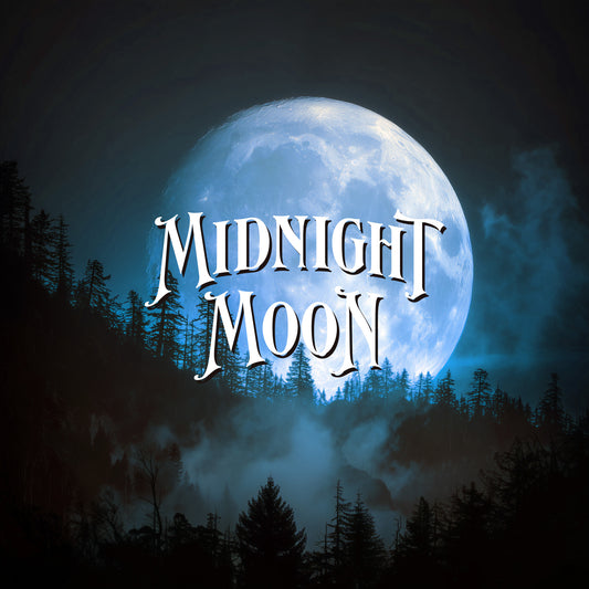 Full moon with 'Midnight Moon' text over a forest silhouette