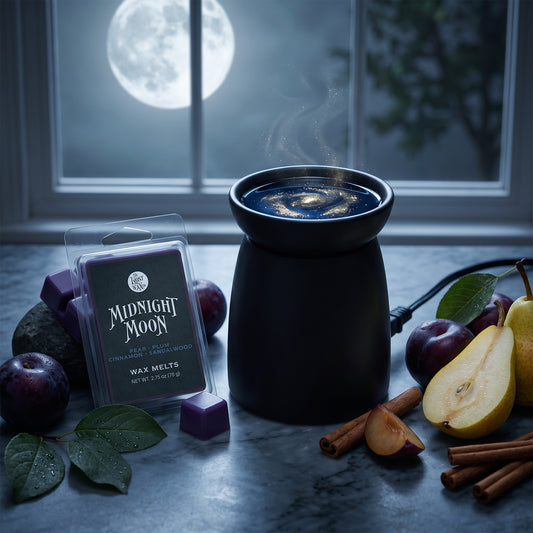 A black wax warmer sits on a dark countertop, surrounded by purple wax melts, plums, pears, cinnamon sticks, and a window showing a full moon in the background. A packaged wax melt labeled 'Midnight Moon' is placed beside the warmer.