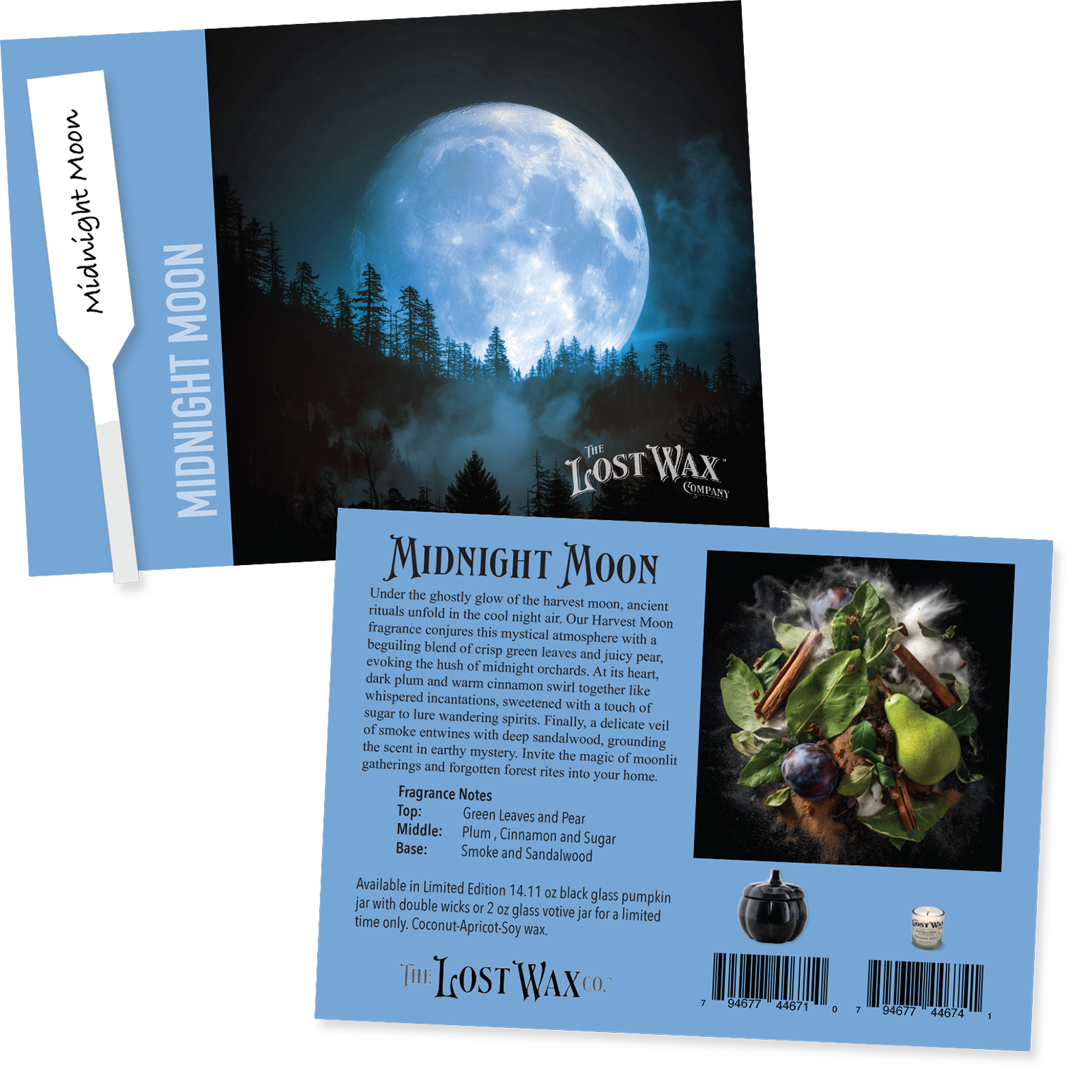 Lost Wax Midnight Moon fragrance sample card with scent strip and product details.