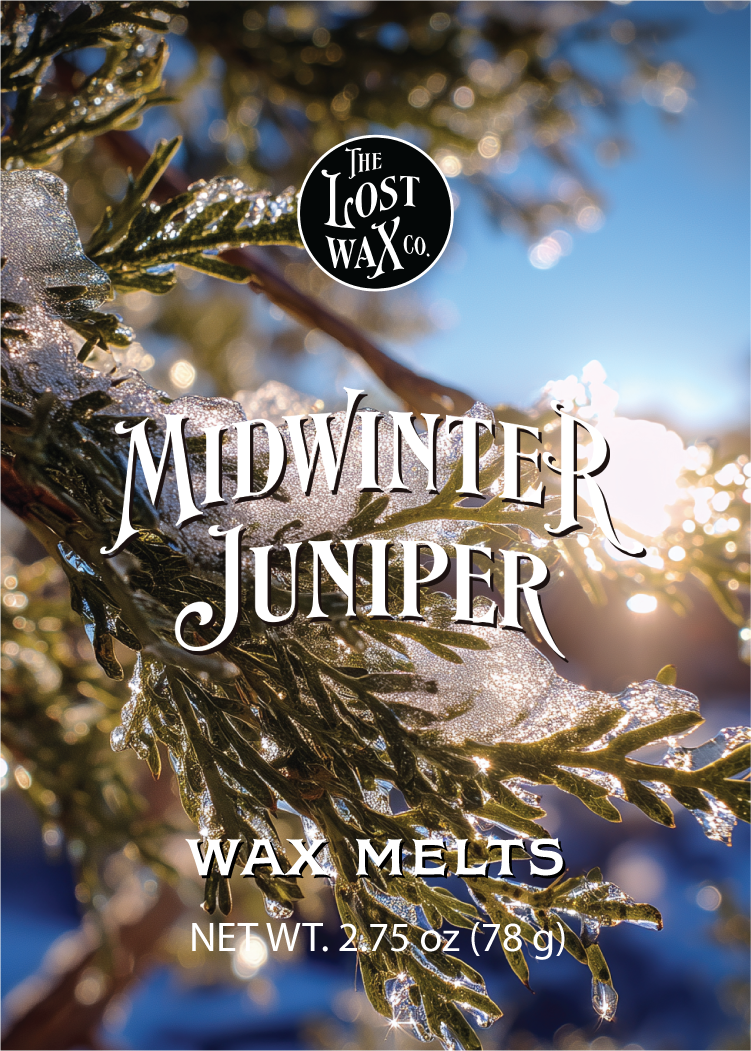 Wax melts packaging with 'The Lost Wax Co.' branding and 'Midwinter Juniper' description.