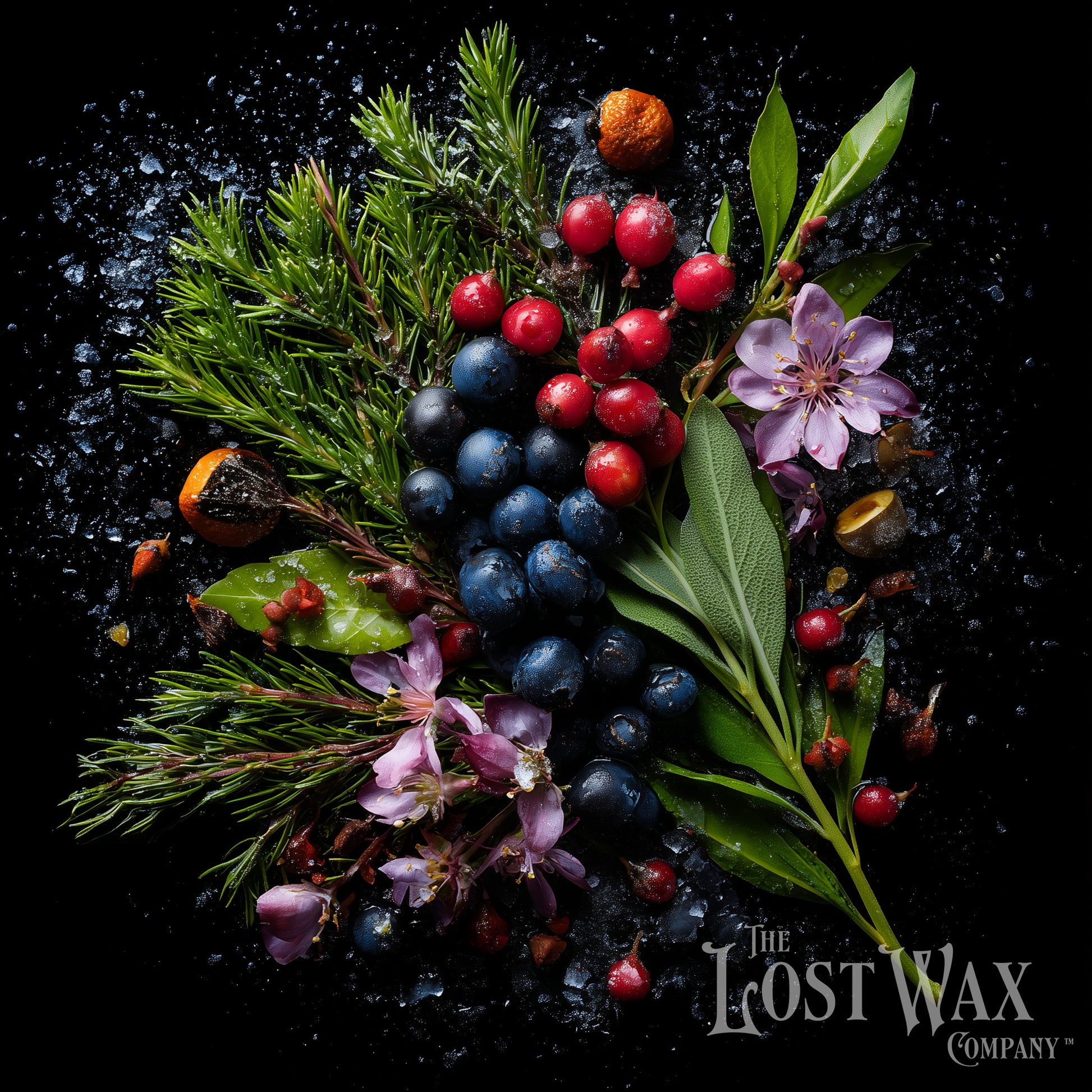 Arrangement of berries, flowers, and leaves on a dark surface with 'The Lost Wax Company' branding.