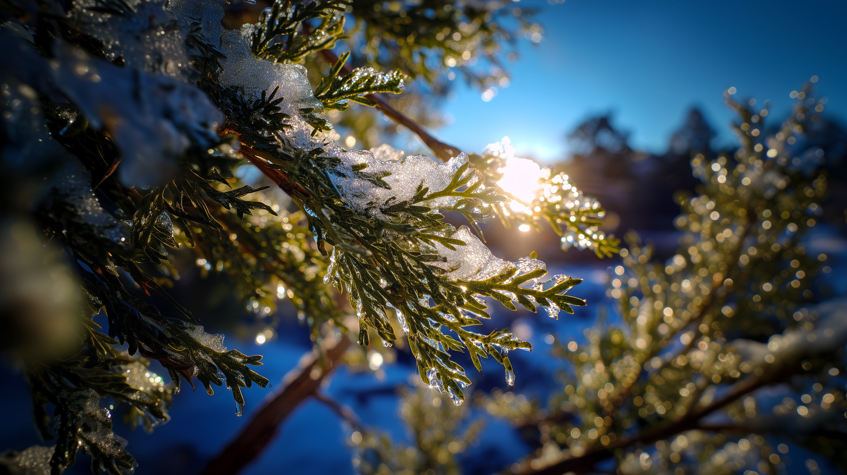 Snow-covered tree branches with a blurred background of lights