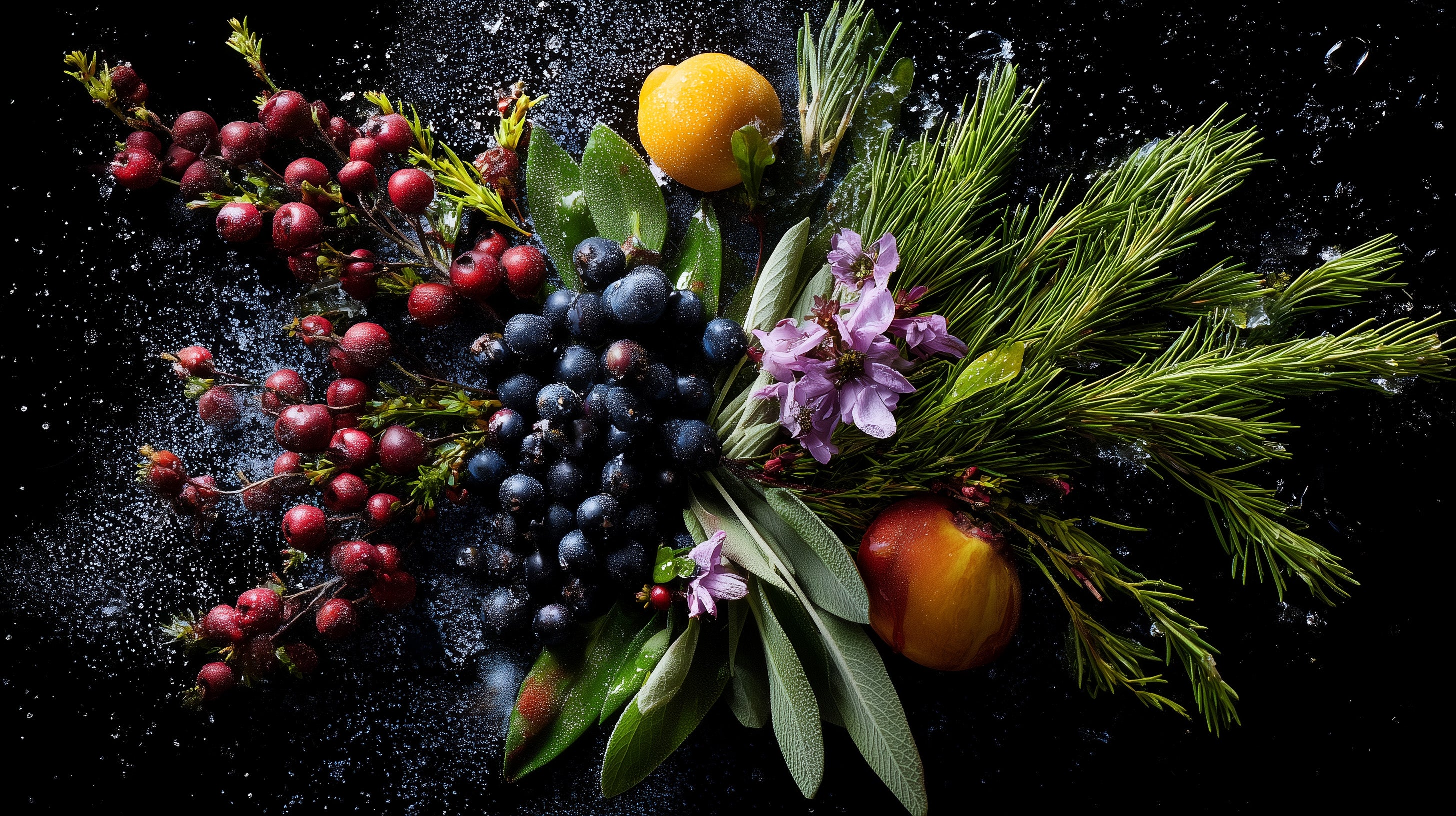 Arrangement of fruits and herbs on a dark surface