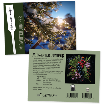 Lost Wax Midwinter Juniper fragrance sample card with tree and berries design.