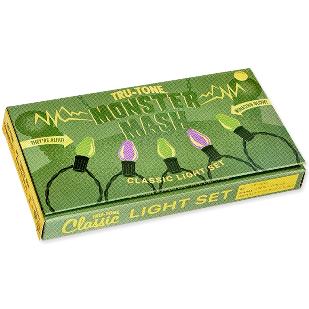 A boxed light set package labeled 'TRU-TONE MONSTER Mash! CLASSIC LIGHT SET' on a plain white background. The box is olive green with yellow text and illustrations of string lights, including one purple bulb.