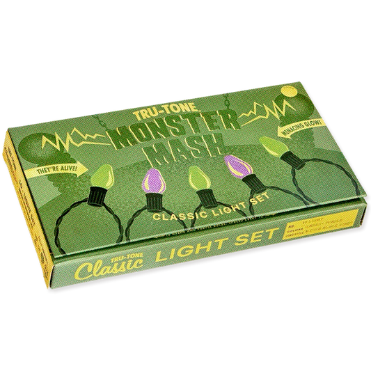A boxed light set package labeled 'TRU-TONE MONSTER Mash! CLASSIC LIGHT SET' on a plain white background. The box is olive green with yellow text and illustrations of string lights, including one purple bulb.