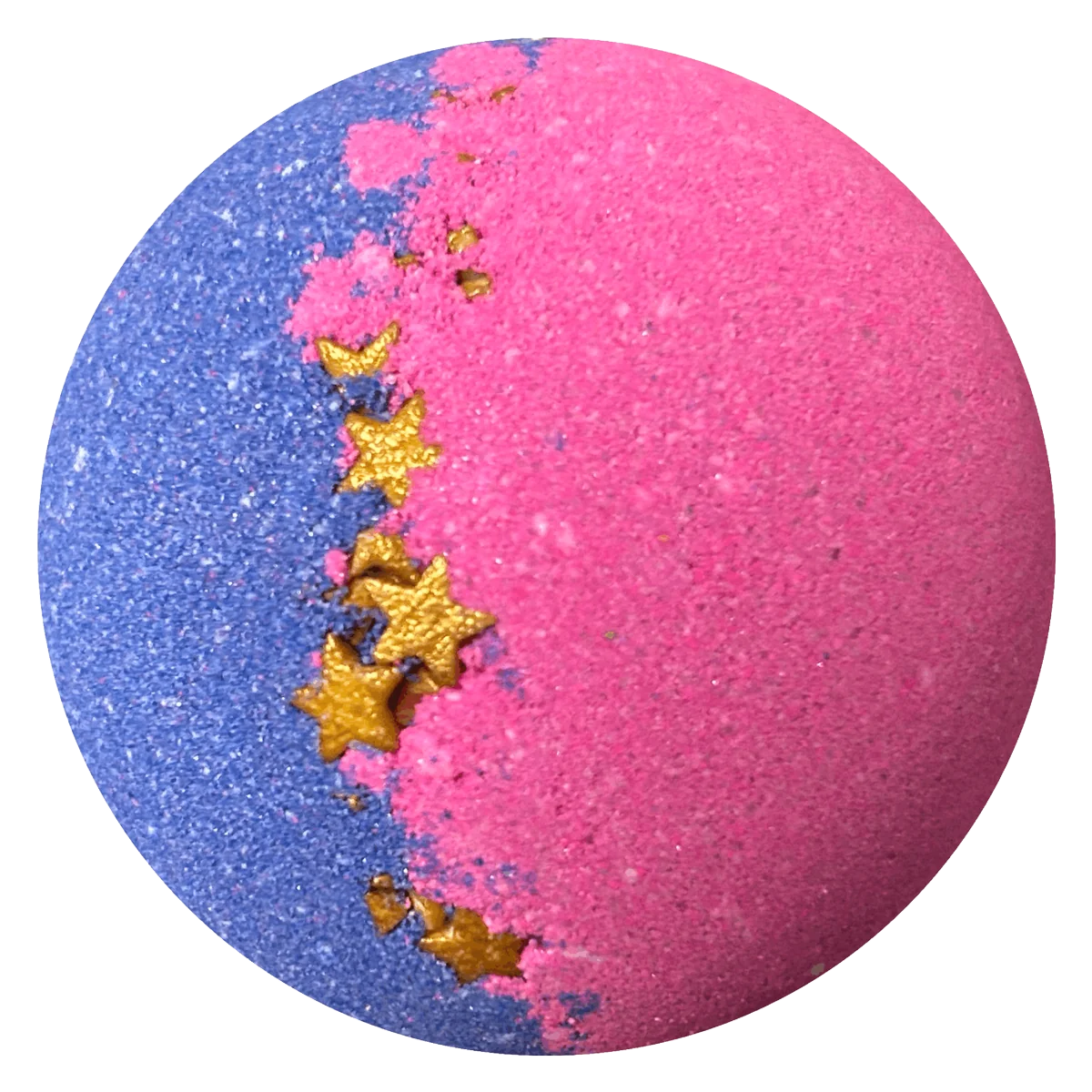 A spherical bath bomb with a split design, featuring a glittery blue half and a matte pink half, separated by a diagonal line decorated with metallic gold star and crescent moon pieces, set against a plain white background.