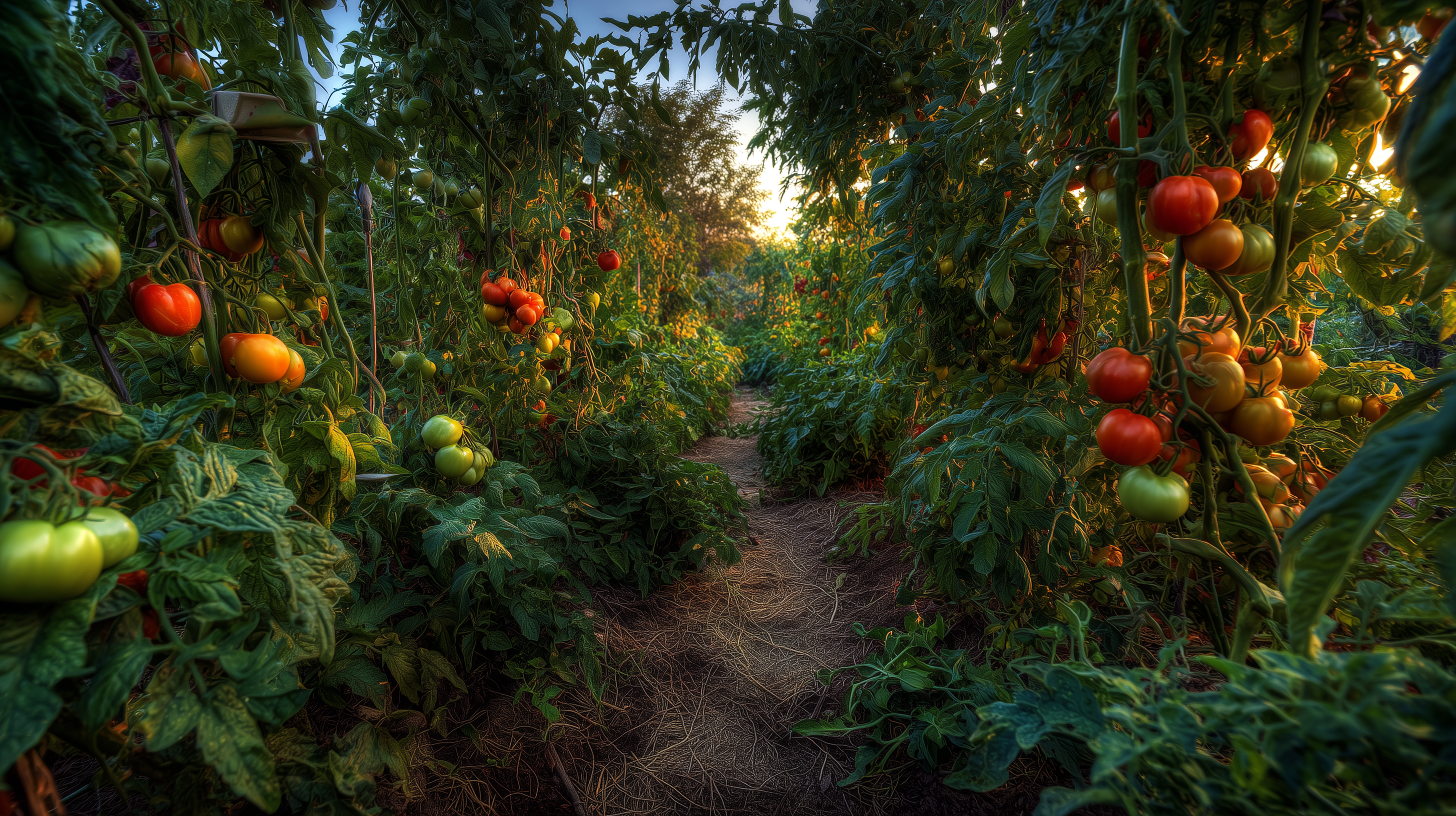 Tomato plants with ripe tomatoes in a garden at dawn.
