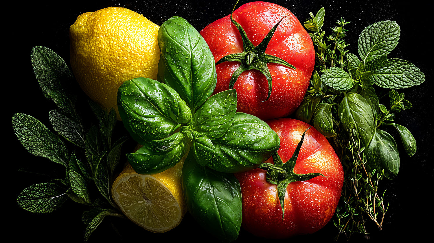 Fresh lemons, tomatoes, and herbs on a dark background