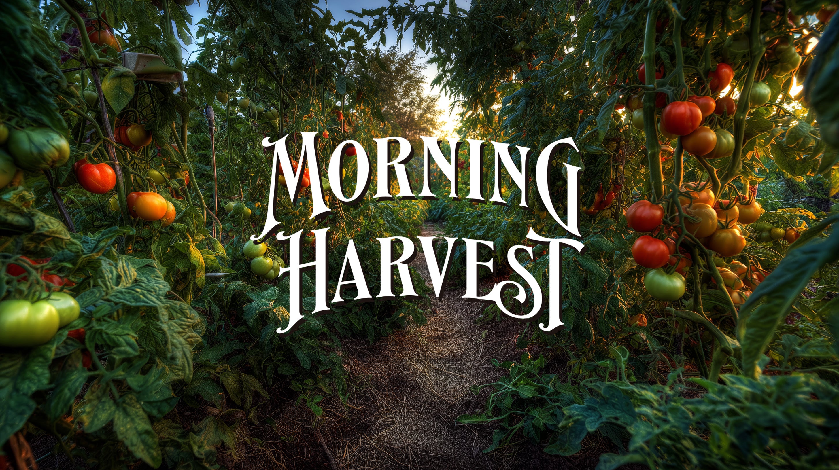 Gardening scene with 'Morning Harvest' text overlay