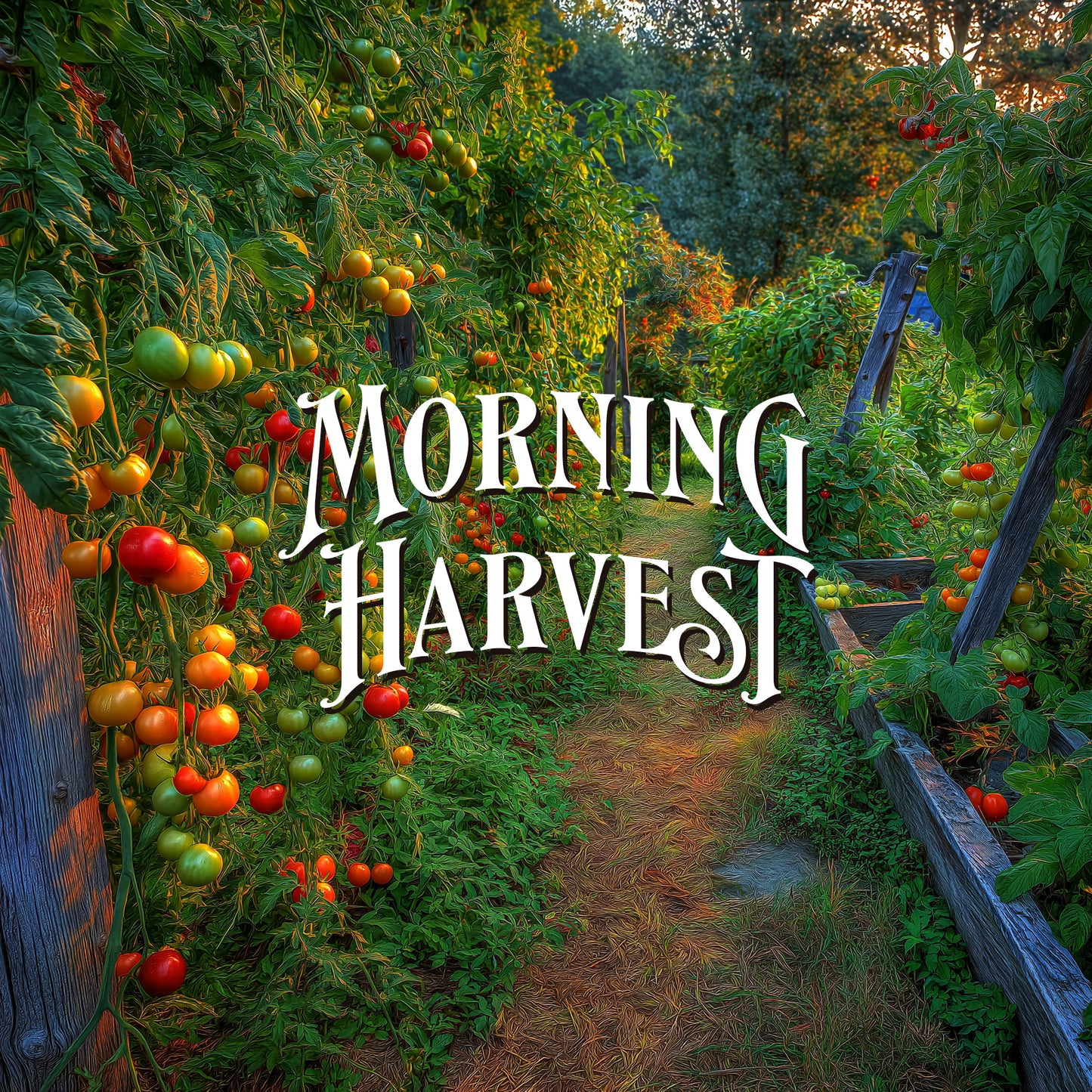 Garden path with tomatoes and the text 'Morning Harvest'.