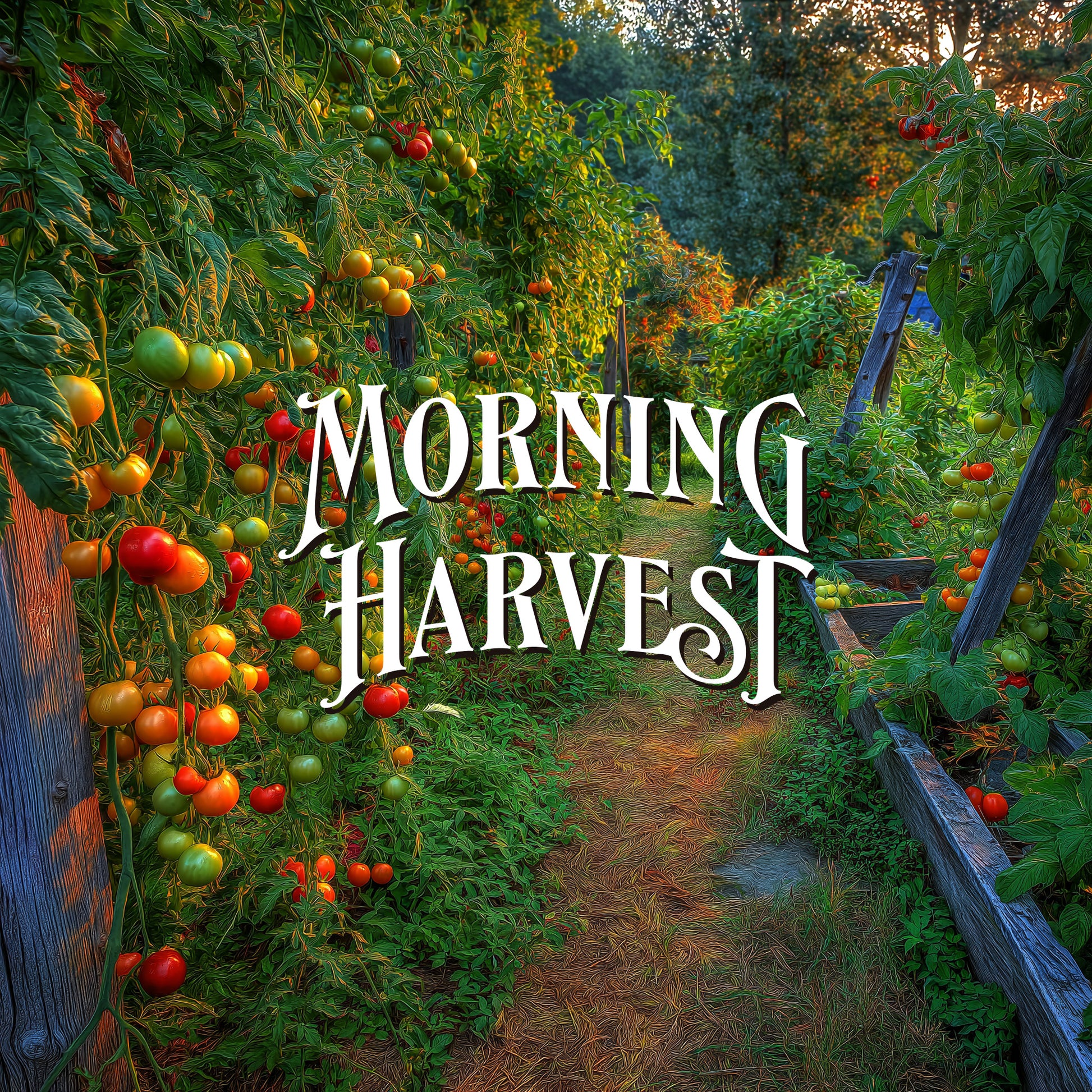 Garden path with tomatoes and the text 'Morning Harvest'.