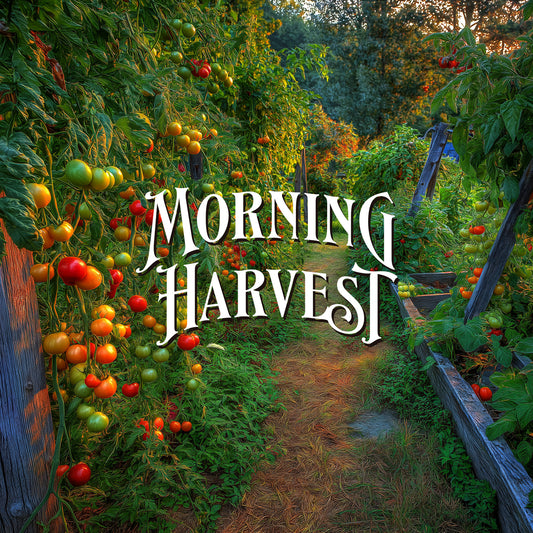 Garden path with tomatoes and the text 'Morning Harvest'.
