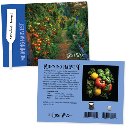 Fragrance Sample card for 'Morning Harvest' with garden scene and product details.