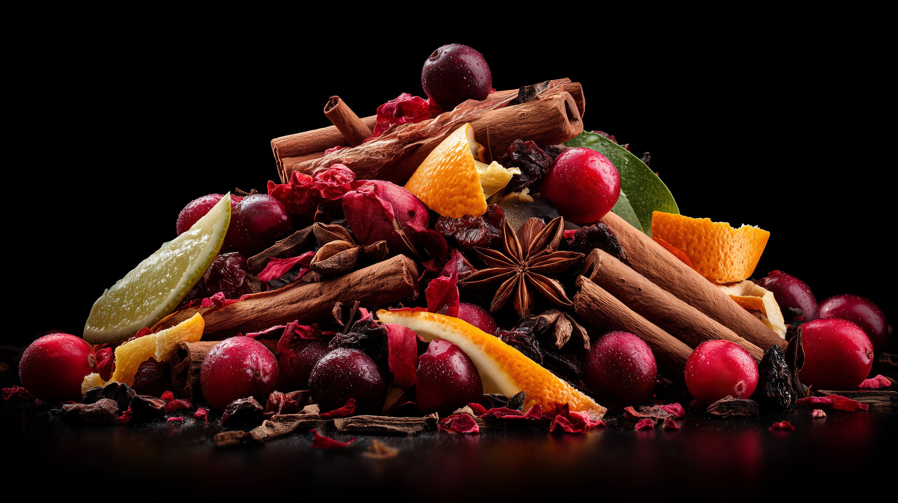 Stack of cinnamon sticks, oranges, cranberries, and other spices on a dark background
