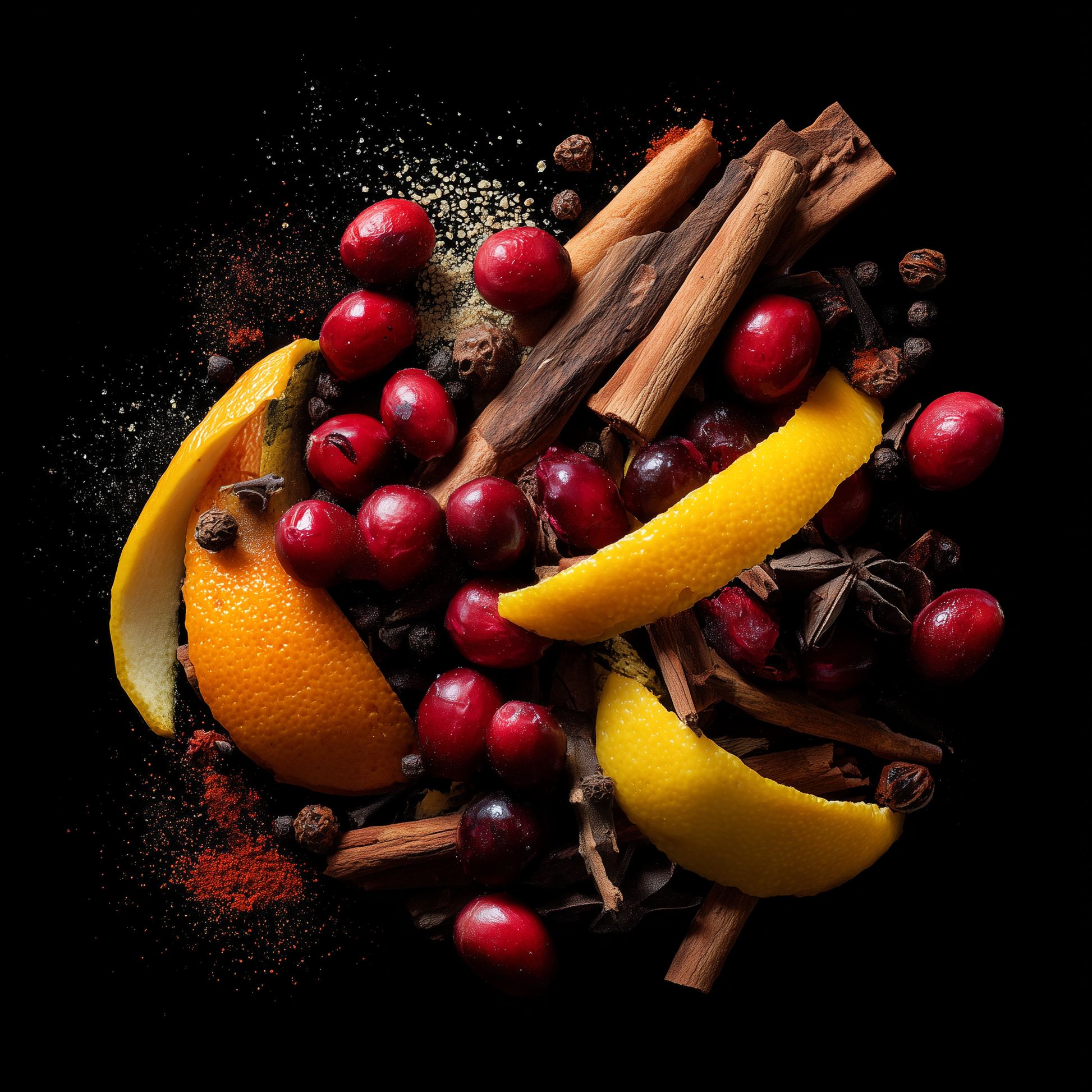 Spices and fruits including oranges, cranberries, and cinnamon sticks on a dark background