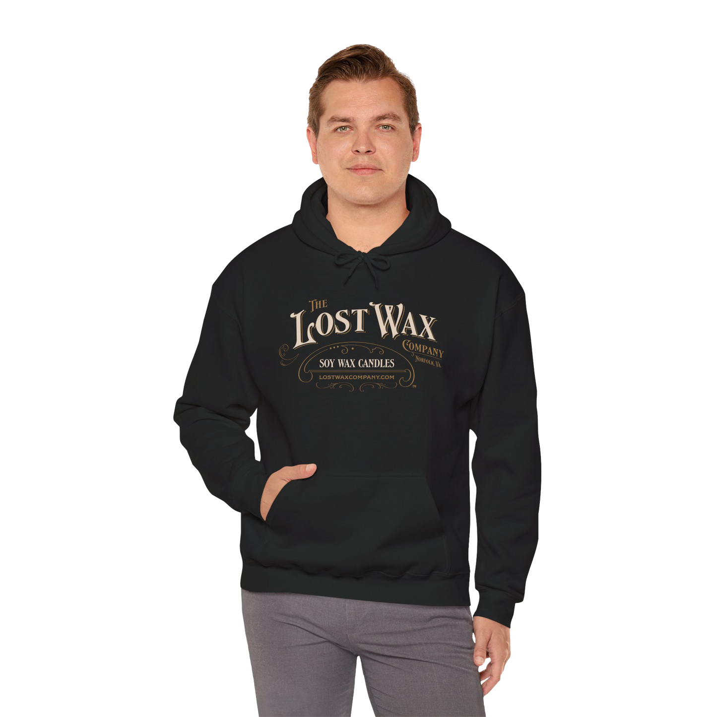 Man wearing a black hoodie with 'The Lost Wax Company' logo on a white background