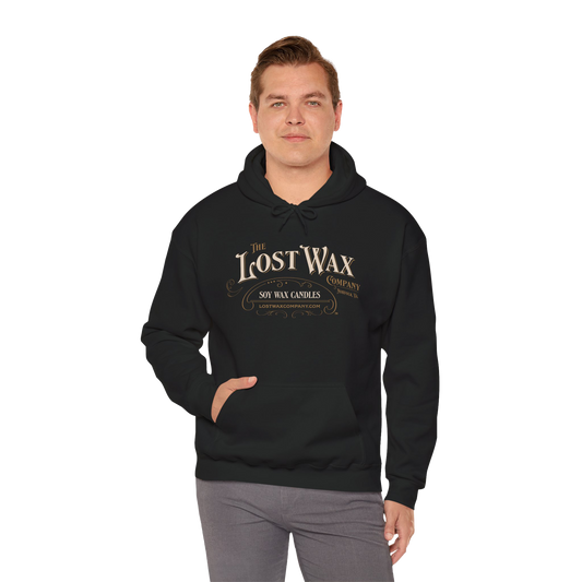 Man wearing a black hoodie with 'The Lost Wax Company' logo on a white background