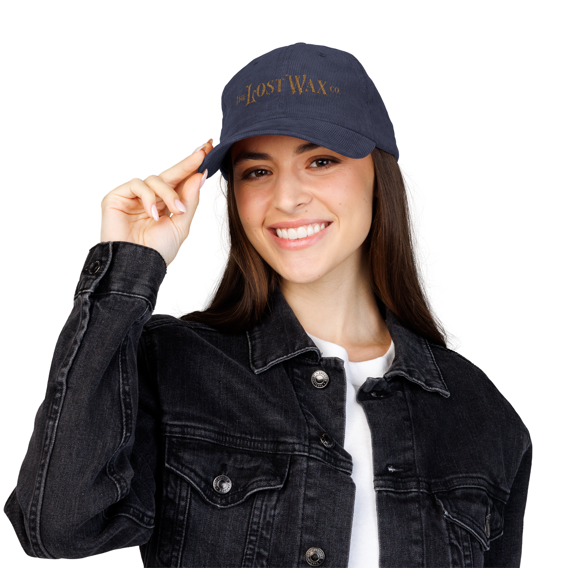 Woman wearing a navy blue cap with 'Lost Wax' logo on a white background