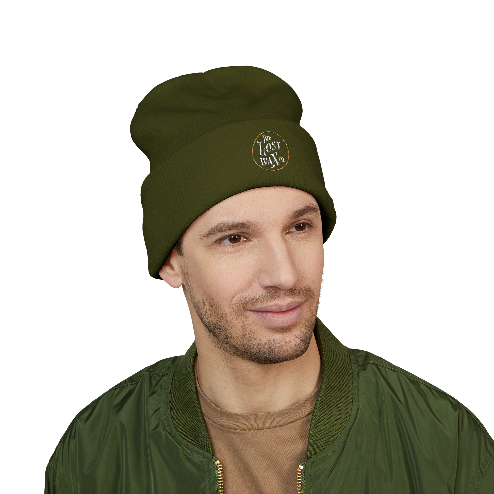 Man wearing a green beanie with a logo on a white background