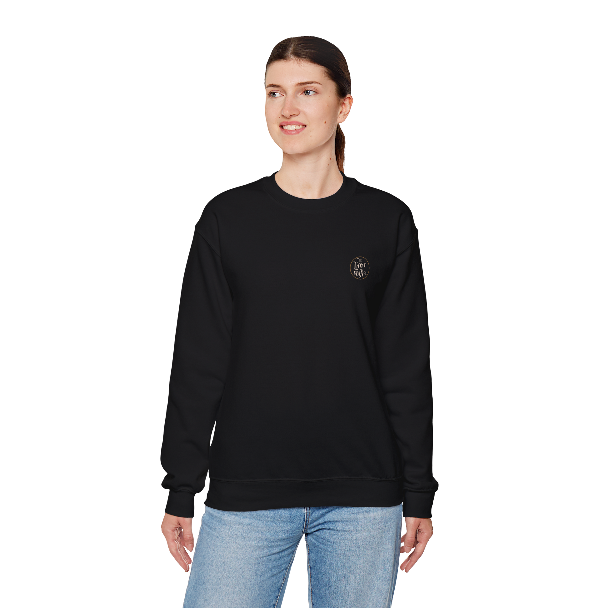 Person wearing a black sweatshirt with a logo on a white background