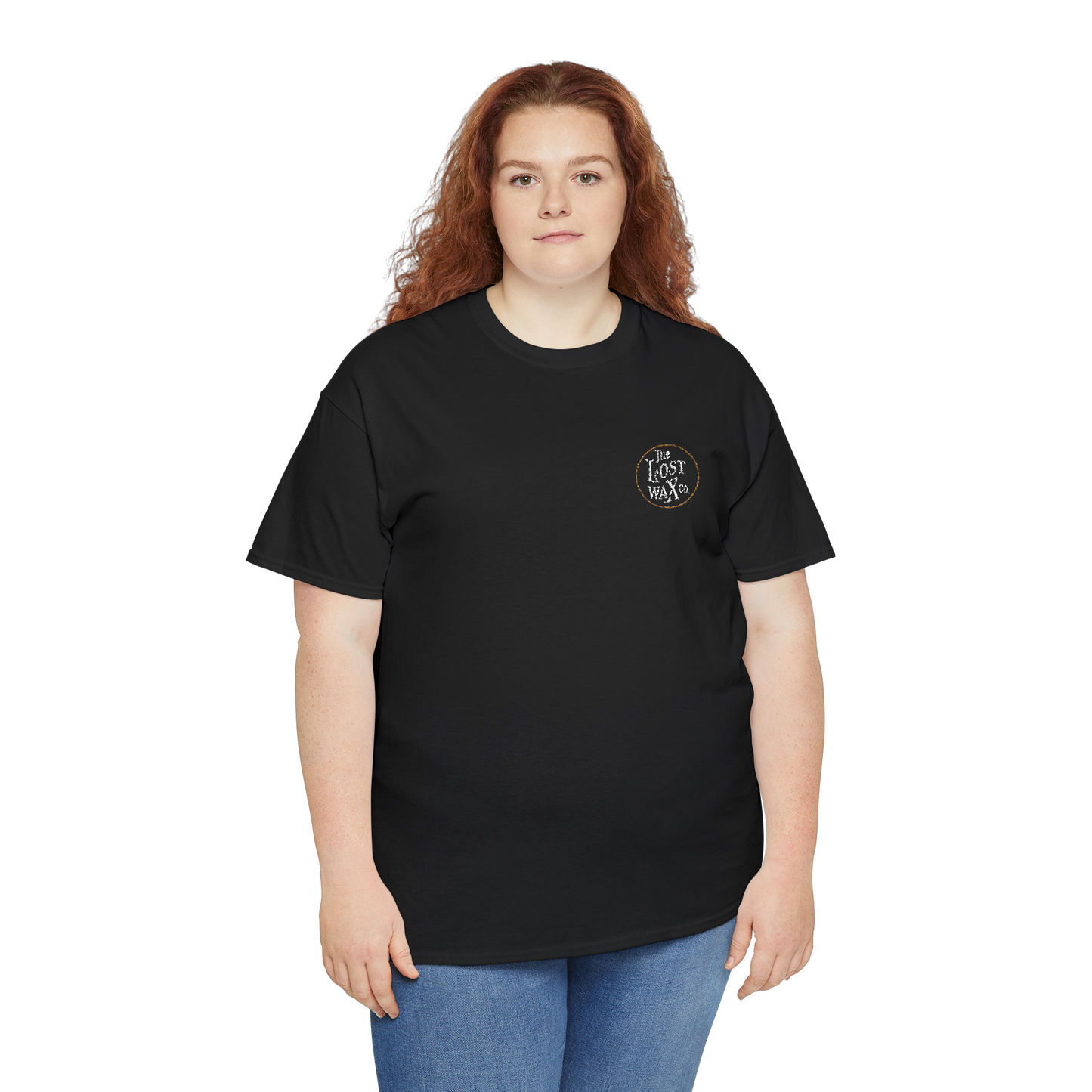 Person wearing a black t-shirt with a logo on a white background