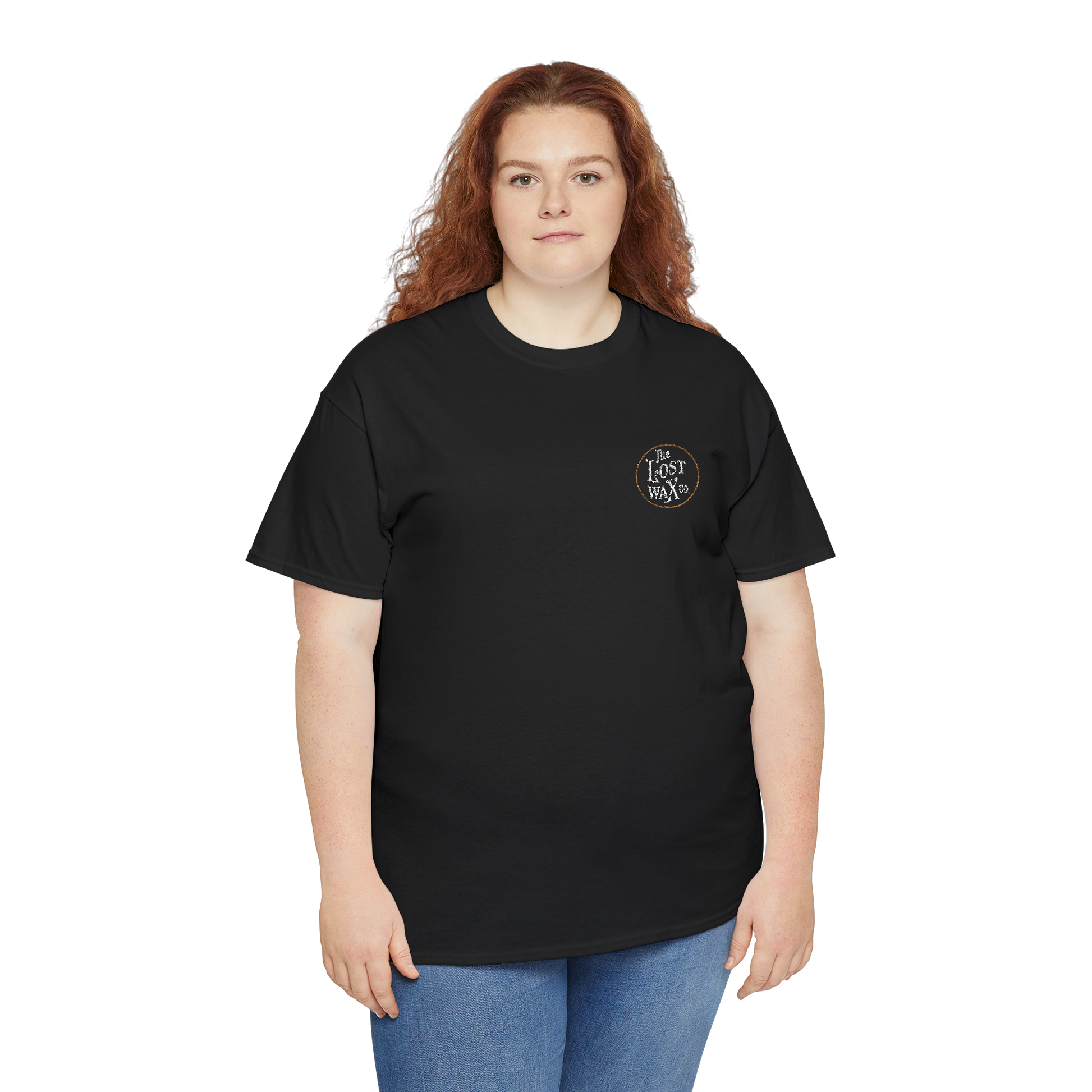 Person wearing a black t-shirt with a logo on a white background