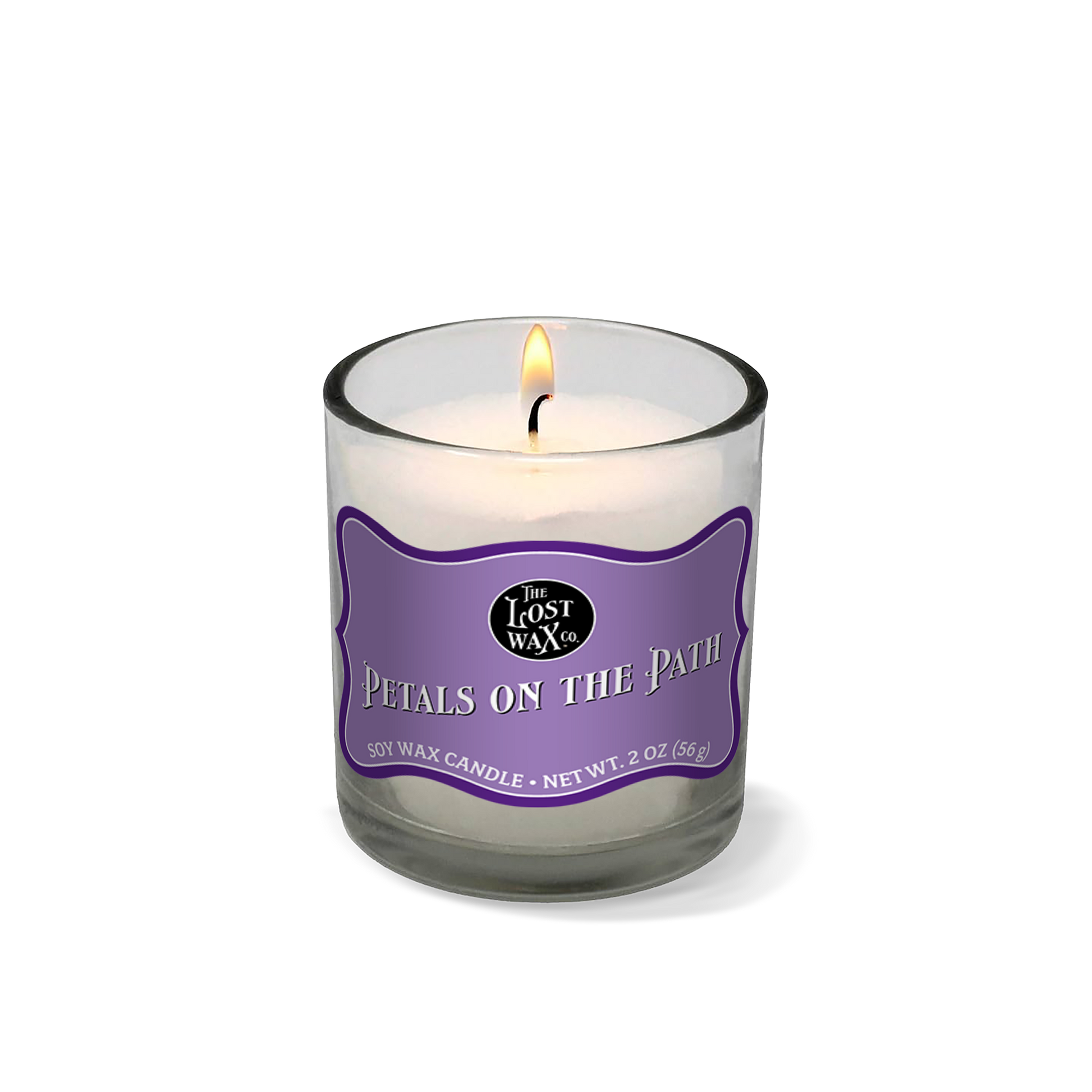 Candle with a purple label on a white background