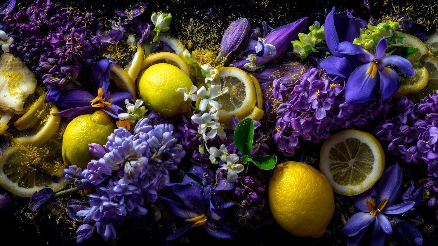 Purple violet and wisteria flowers and lemons arranged on a dark background