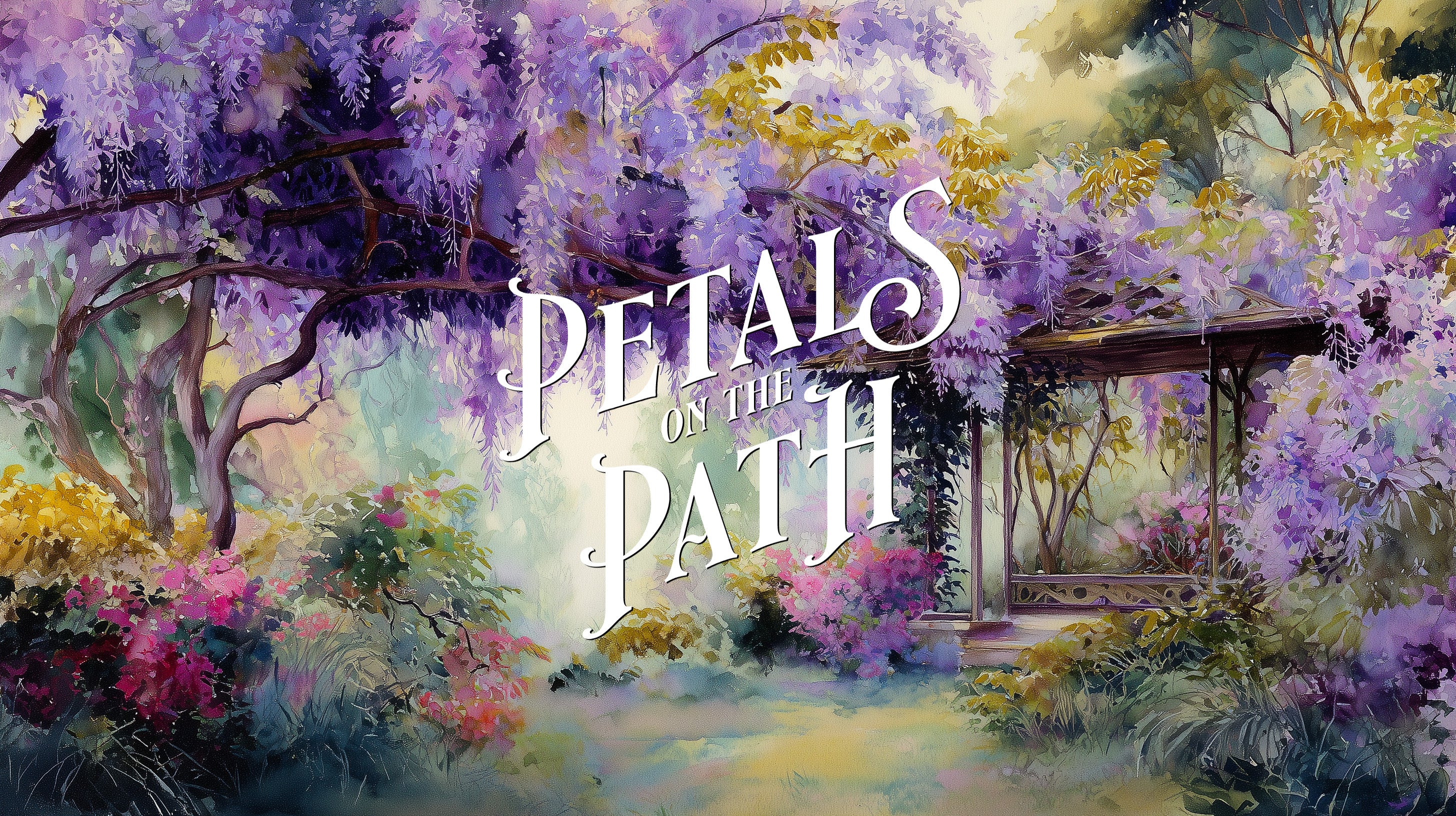 Watercolor painting of a garden with purple wisteria vines and flowers, with the text "Petals on the Path"