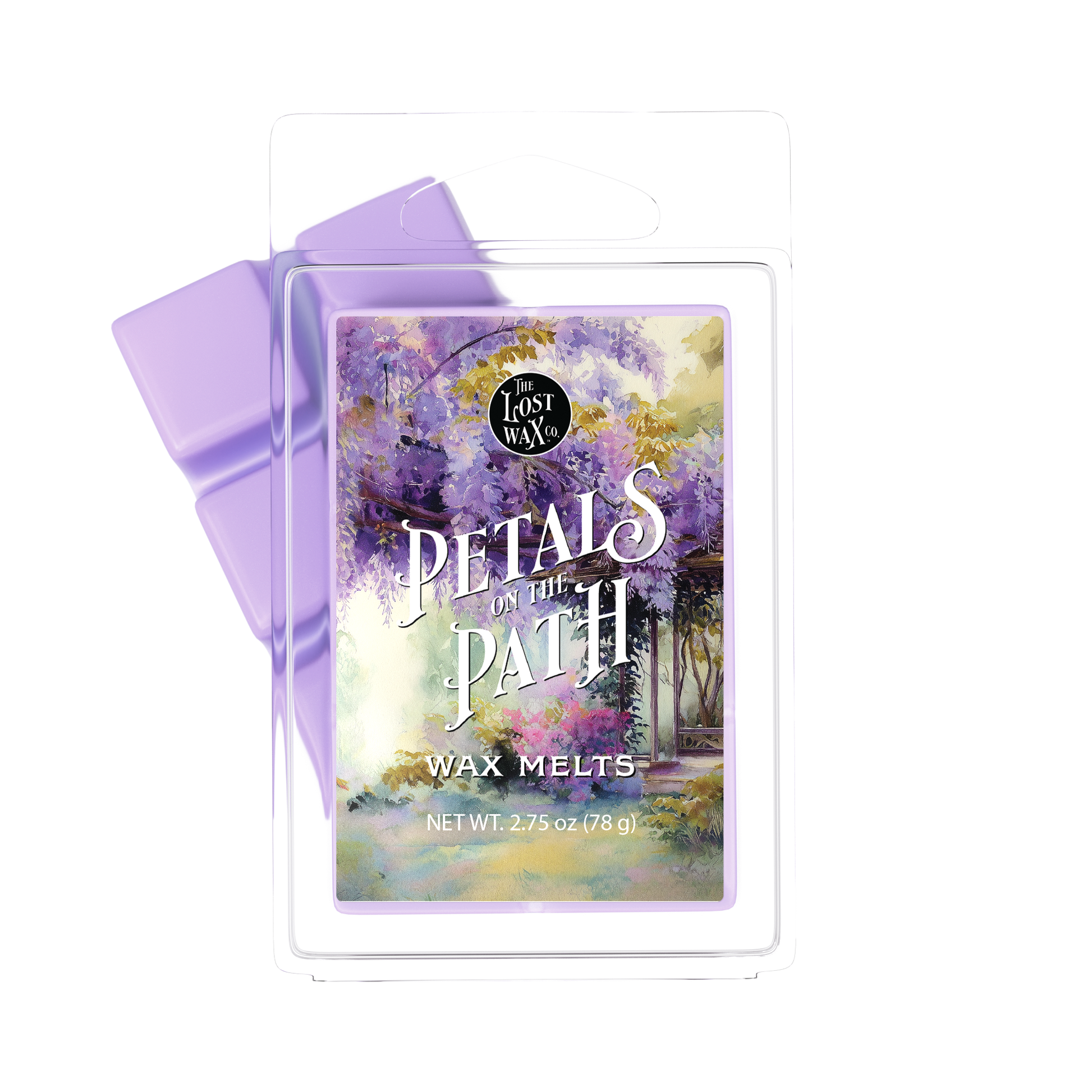 Wax melts packaging with floral design and 'Petals on the Path' text on a white background