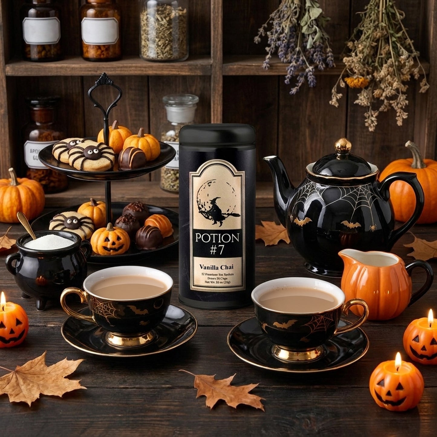 A styled Halloween-themed tea setup featuring a black canister of Potion #7 Vanilla Chai tea in the center, surrounded by black teacups with gold trim, a black spiderweb teapot, small orange pumpkins, candles, and autumn leaves on a dark wooden table.