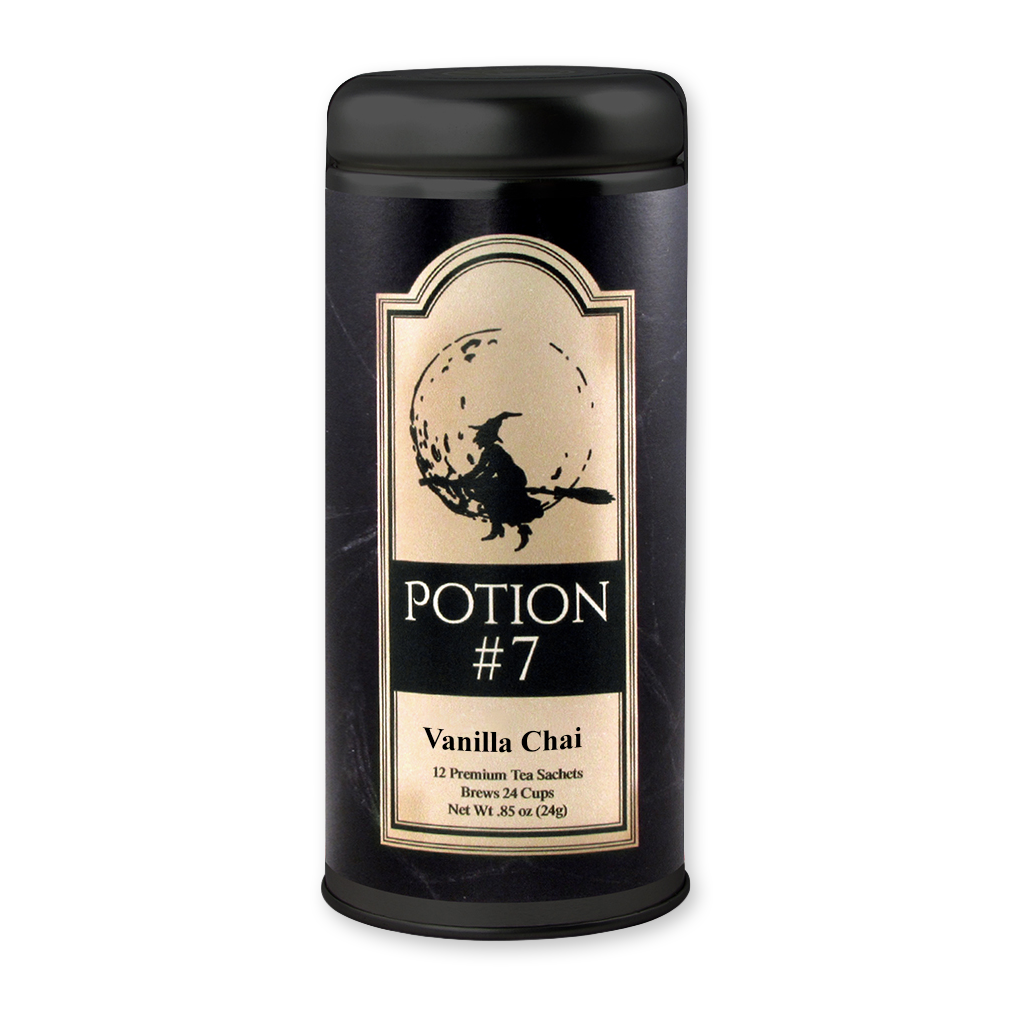 A black cylindrical tin of Potion #7 Vanilla Chai tea sachets, featuring a gold and black label with a witch riding a broomstick against a full moon graphic.
