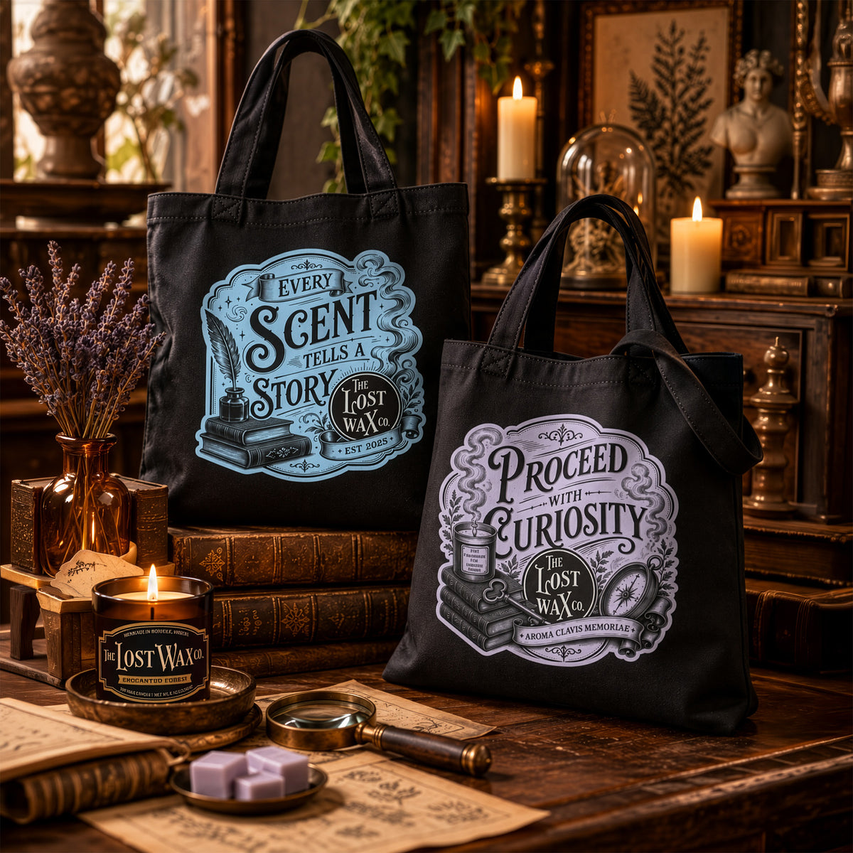 Two decorated black cotton tote bags sitting on a desk with a candle and old books.