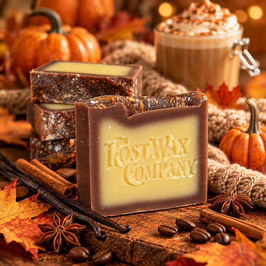 Bars of handmade soap surrounded by autumnal props and ingredients