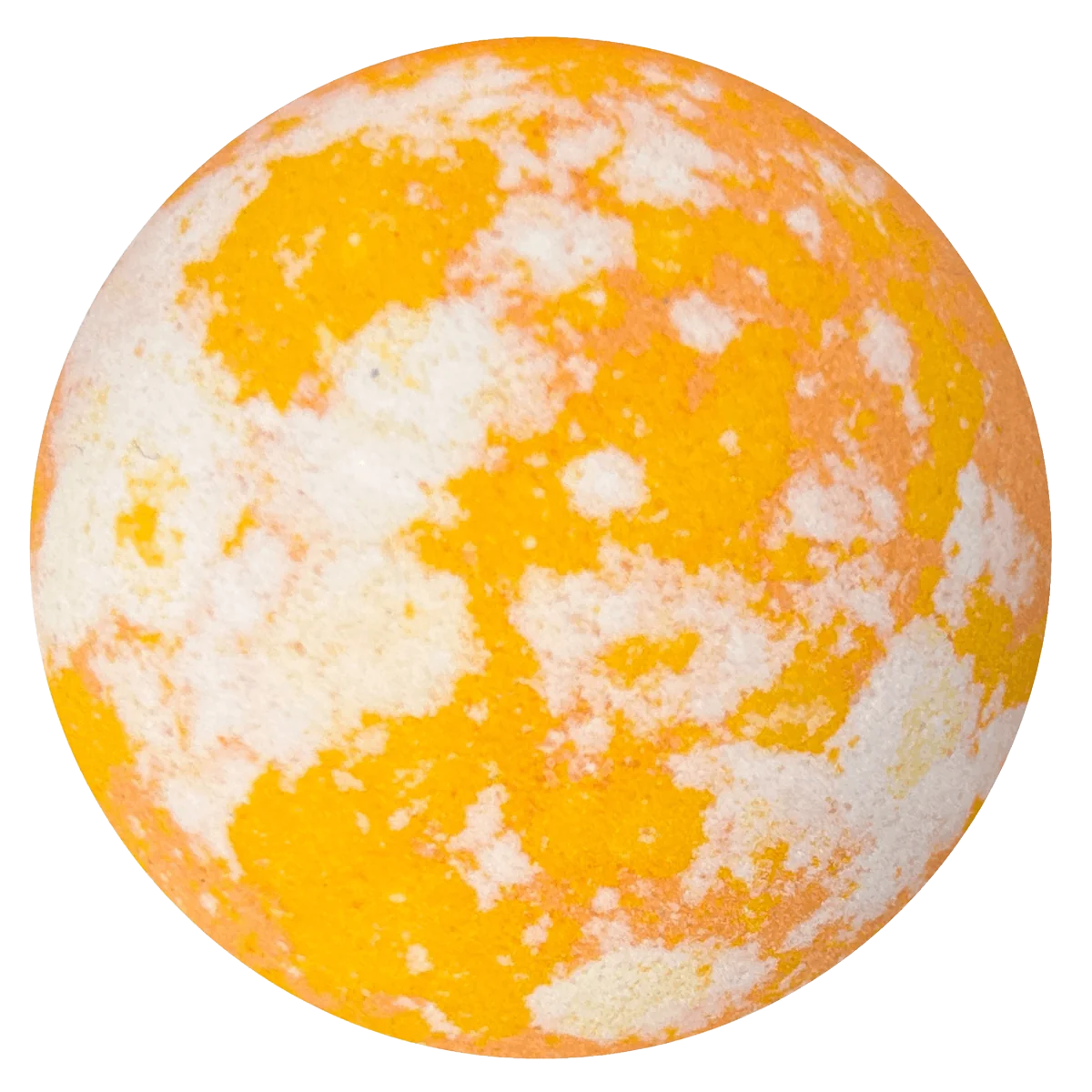 Yellow-orange and white mottled bath bomb.