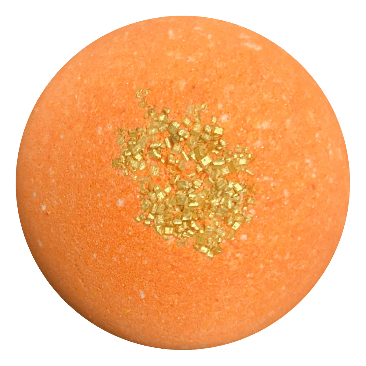An orange bath bomb with a textured surface and a central cluster of gold glitter crystals, isolated on a white background.