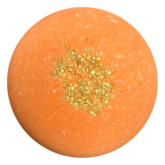 An orange bath bomb with a textured surface and a central cluster of gold glitter crystals, isolated on a white background.