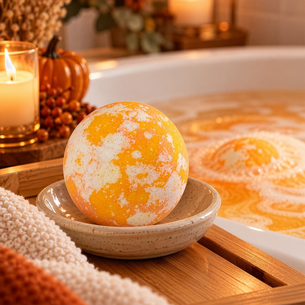 Pumpkin Spice Bath Burst lifestyle image in a fall-themed bathroom setting