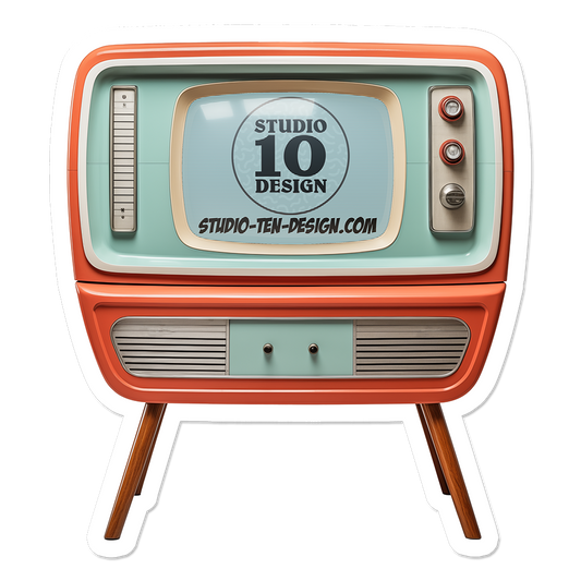 Vintage-style television with 'Studio 10 Design' on the screen against a white background
