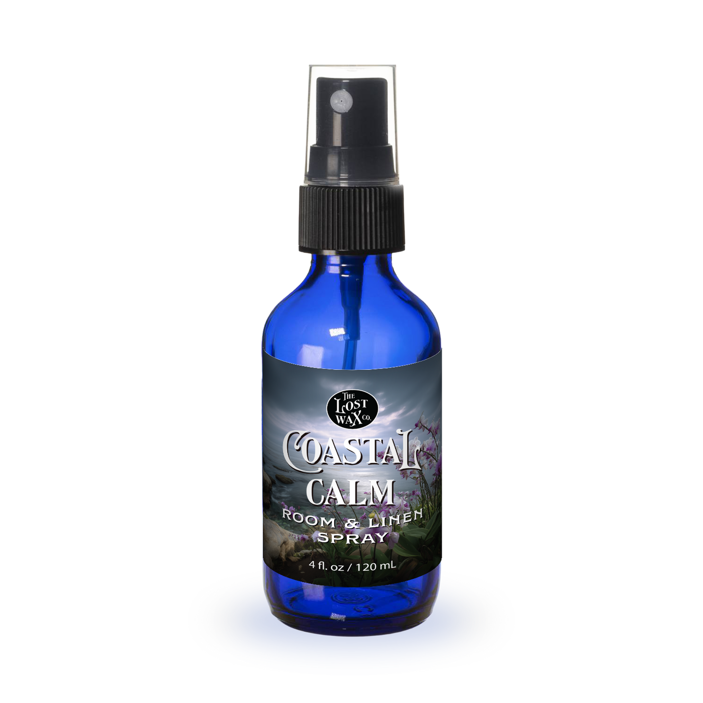 Blue spray bottle labeled 'Coastal Calm' on a white background